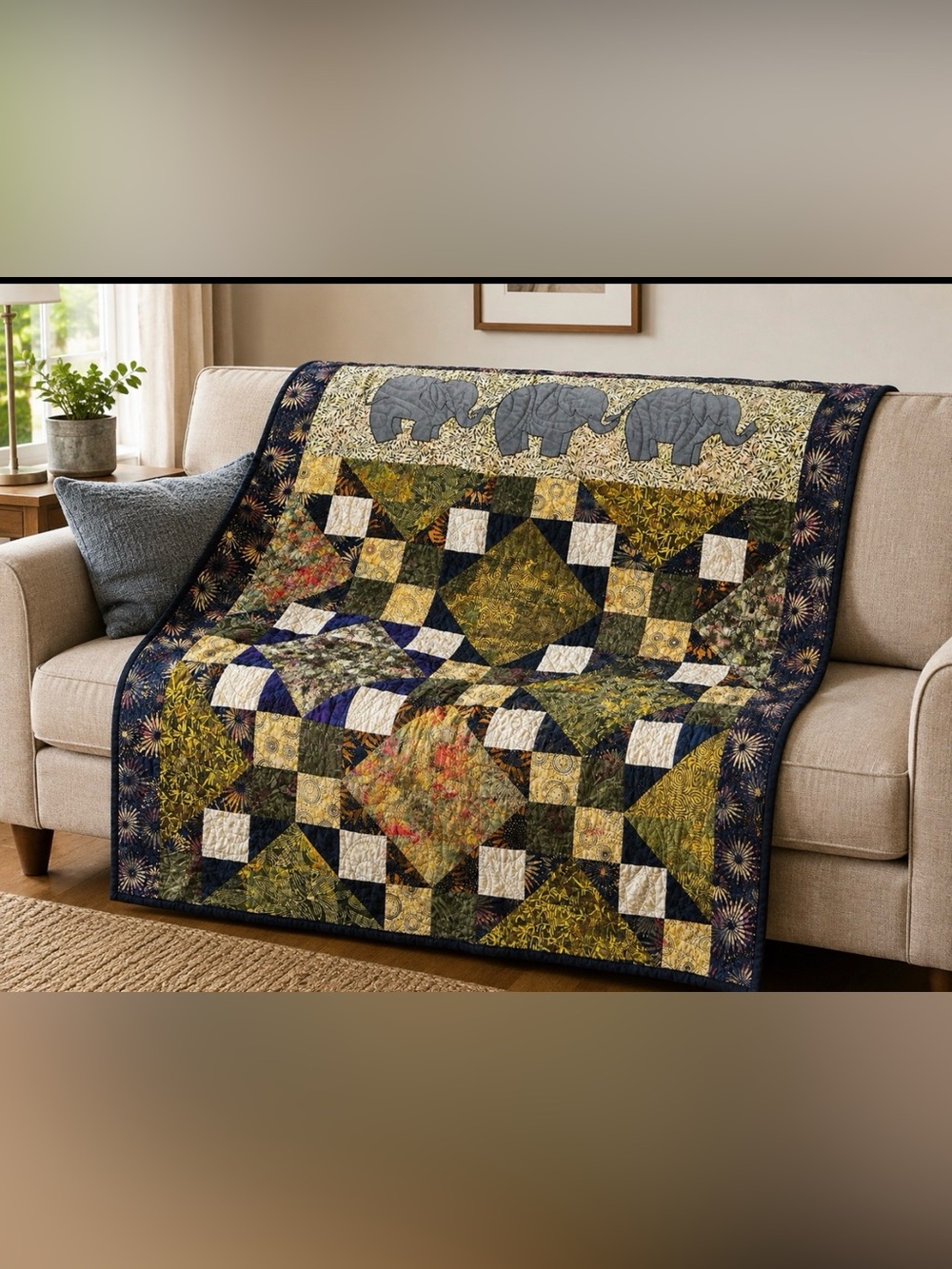 Handmade batik  Elephant Patchwork Throw Blanket in Green and Navy 50.5”x40.5”